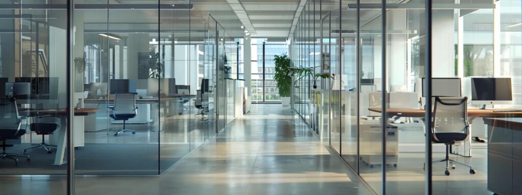 a sleek, modern office environment showcases a team of professional cleaners in action, meticulously sanitizing surfaces and arranging workspace essentials, highlighting the transformative effects of commercial cleaning services on employee well-being and productivity.